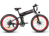 Black- SAMEBIKE LO26-Plus Electric Bike with red wheels on a white background