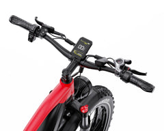 Close-up of a red DUOTTS F26 Lite Electric Bike handlebar with control panel on a white background
