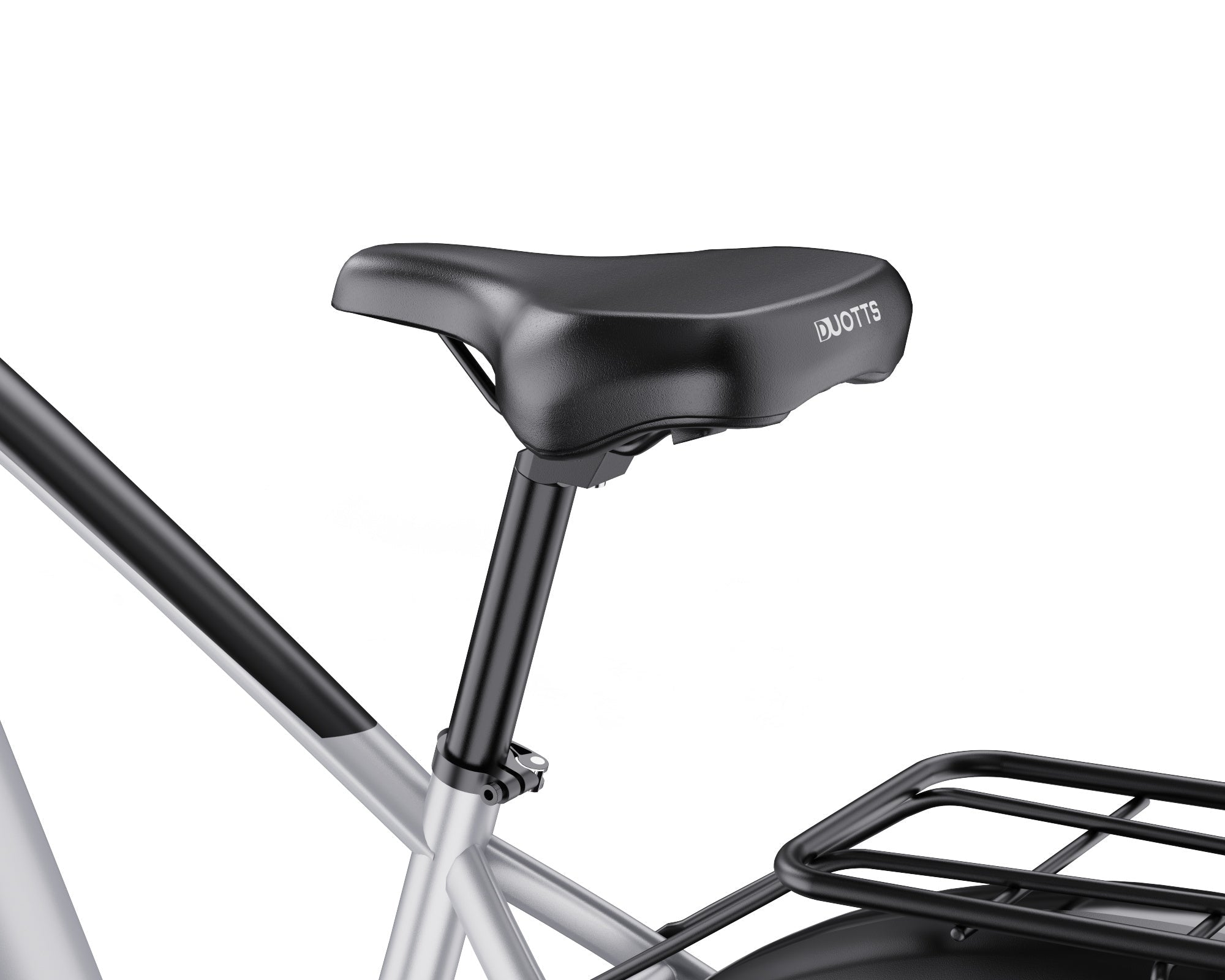 Close-up of a DUOTTS F26 Lite Electric bicycle seat with a black seat post and 'Duotts' branding on a white background.