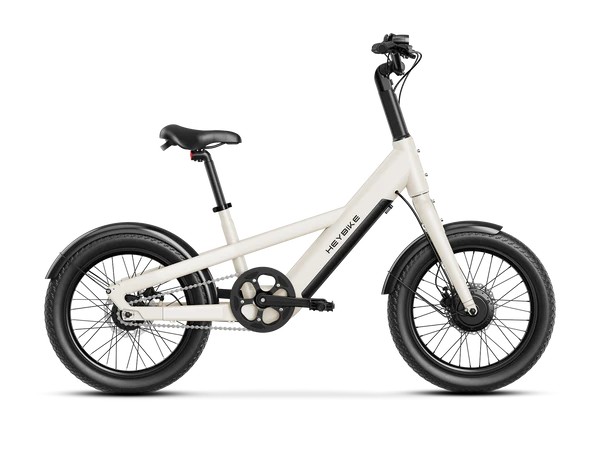 White Heybike EC Compact City Electric Bike with black wheels on a white background