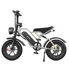 Silver Varun PLORER All-Terrain Electric Bike with black seat on a white background