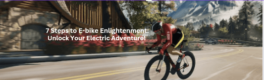 Cyclist riding electric bike on scenic mountain road with Pogo Cycles e-bike adventure text