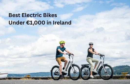 Two people riding electric bikes outdoors in Ireland, advertising affordable e-bikes at Pogo Cycles.
