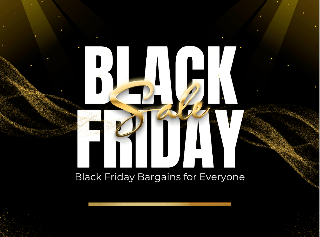 Black Friday sale graphic with golden highlights and bold text on black background