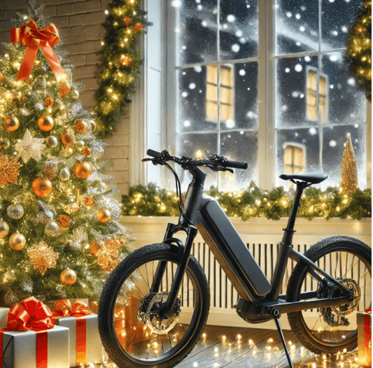 Electric bike by Christmas tree with gifts, festive lights, and snow outside, Pogo Cycles