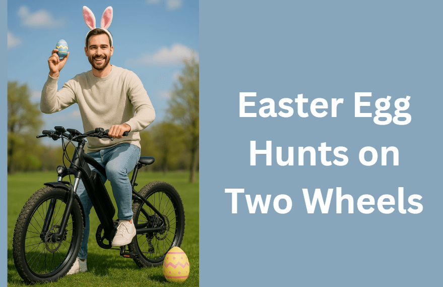Man with bunny ears holding Easter egg on black electric bike in park, side view