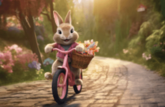 Animated rabbit riding a pink bike with a flower basket on a scenic garden path