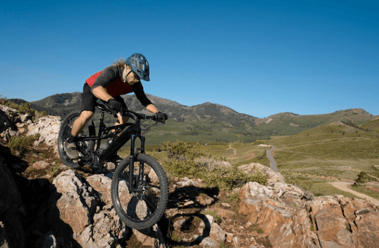 Mountain biker riding an electric bike on rocky trail with hills, Pogo Cycles e-bike