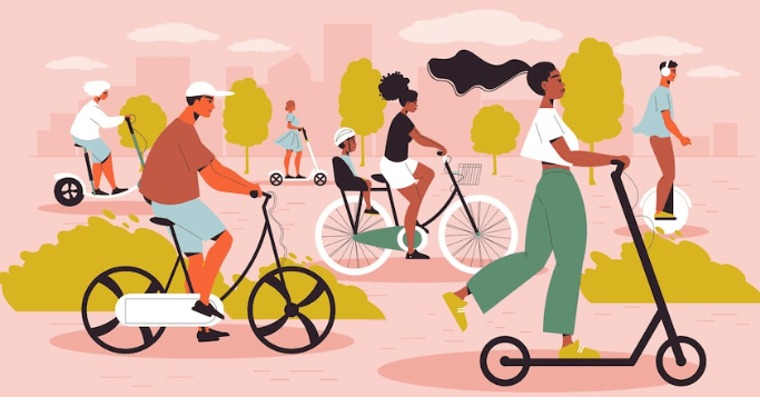 People riding electric bikes and scooters in a city park setting, side view illustration