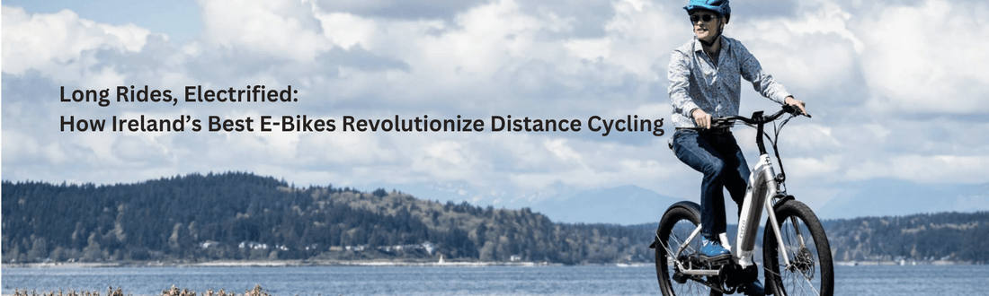 Smiling cyclist riding electric bike outdoors with scenic mountains, promoting Pogo Cycles e-bikes