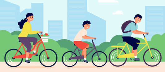 Three people riding electric bikes on a city path with greenery and buildings in the background