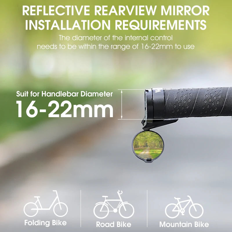 Reflective West Biking rearview mirror installation requirements with handlebar and mirror on a blurred background