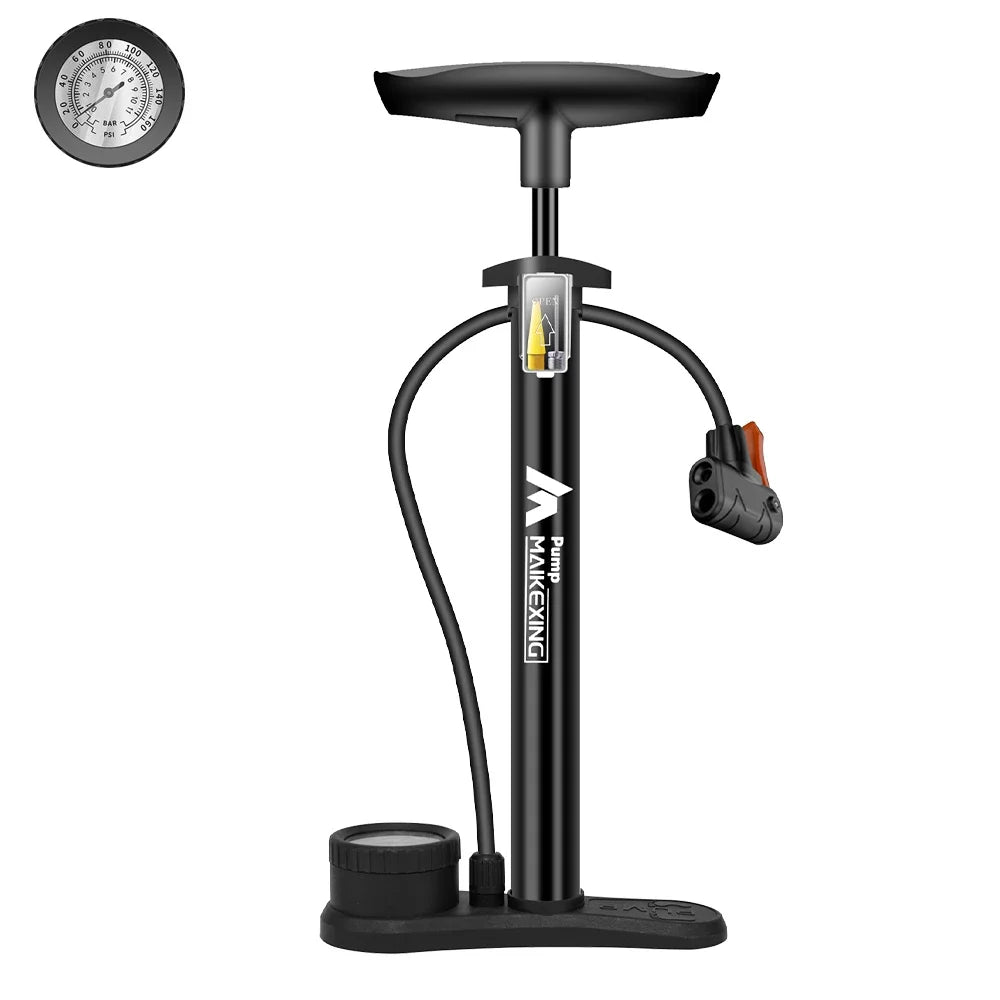 Black floor bike pump with pressure gauge on a white background