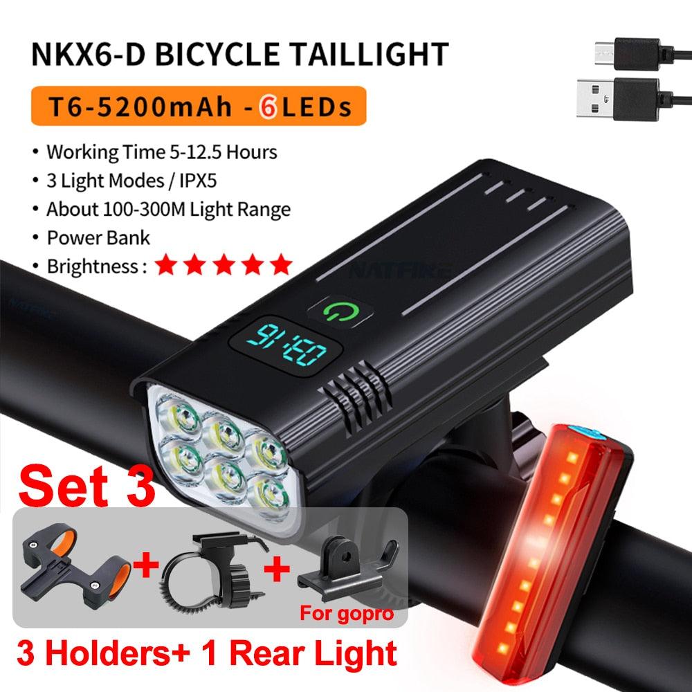 NATFIRE 10000mAh Bicycle Light Digital Battery Indicator USB Rechargeable Bike Light Set with 3 Holders 7000LM 8 LED Flashlight - Pogo Cycles