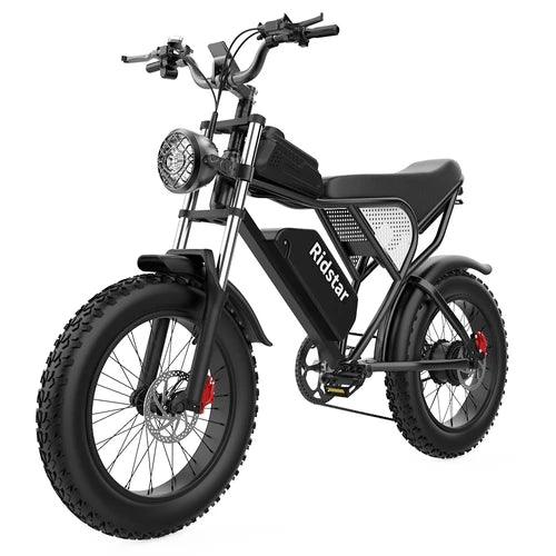 Close-up of the Ridstar Q20 Electric Bike's black seat and tires