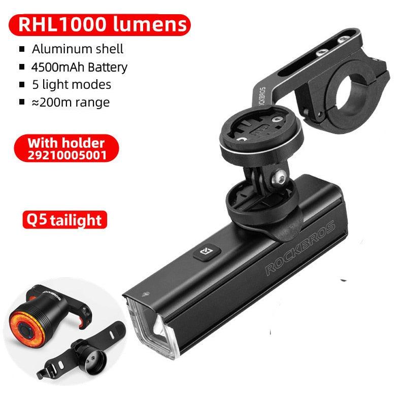 ROCKBROS 400-1000LM Bicycle Light GoPro Mount Holder USB Type-c Rechargeable Fit Garmin Bryton IGS Computer Cycling Headlight - Pogo Cycles