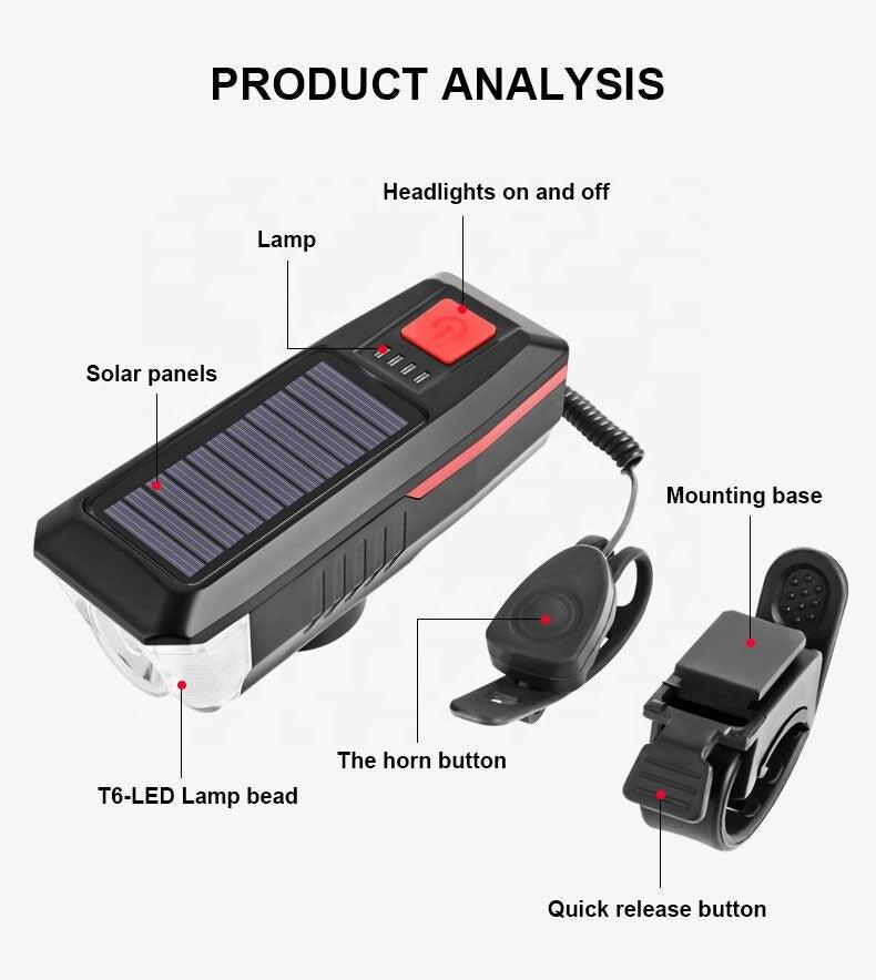 Solar Bicycle Light USB Rechargeable Power Display MTB Mountain Road Bike Front Lamp with Horn Flashlight Bicycle Light - Pogo Cycles