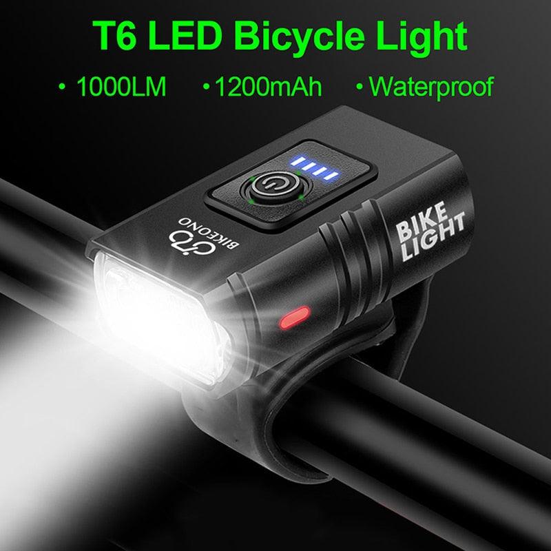 1000LM Bike Light Headlight T6 Bicycle Flashlight LED USB Rechargeable Torch Aluminum Alloy Cycling High Beam Low Accessories - Pogo Cycles