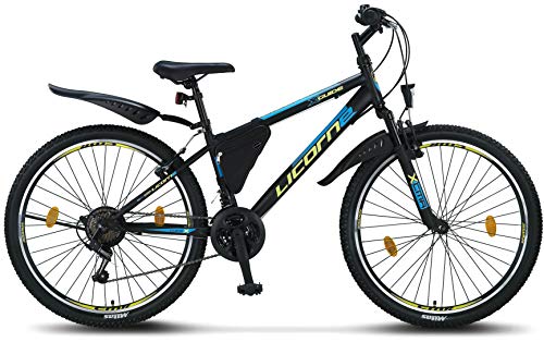 Licorne Guide Mountain Bike - 26 Inch - 21-Speed Gears, Fork Suspension - Children's Bicycle for Boys and Girls - Frame Bag, boys mens, Black/Blue/Lime