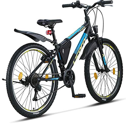 Licorne Guide Mountain Bike - 26 Inch - 21-Speed Gears, Fork Suspension - Children's Bicycle for Boys and Girls - Frame Bag, boys mens, Black/Blue/Lime