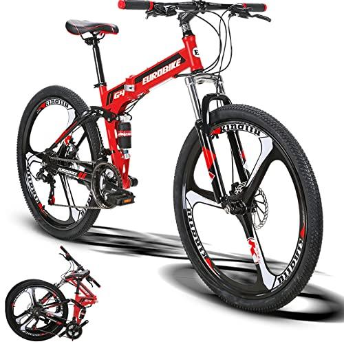 Eurobike G4 26 Inch Adult Folding Bike,Dual Disc Brake Full Suspension Mountain Bikes for Adults Men or Women,21 Speed Foldable Mountain Bicycle (Red 3 Spoke) - Pogo Cycles