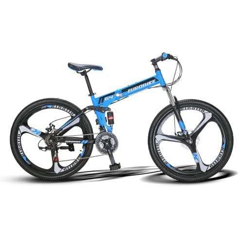 Eurobike HY G4 26 Inch Folding Mountain Bike, 21 Speed Full Suspension MTB Foldable Bicycle, Dual Disc Brake Folding Bikes for Adults Men and Women (G4 Blue-3 Spoke) - Pogo Cycles
