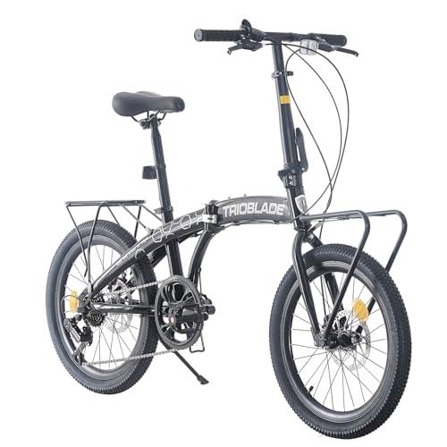 Jamiah 20 Inch Folding Bike for Adult Men and Women Teens, 7 Speed Shimano Drivetrain, Handle Seat Height Adjustable, Foldable Bike with Front Rear Storage Rack Dual V Brakes (Black & Grey) - Pogo Cycles